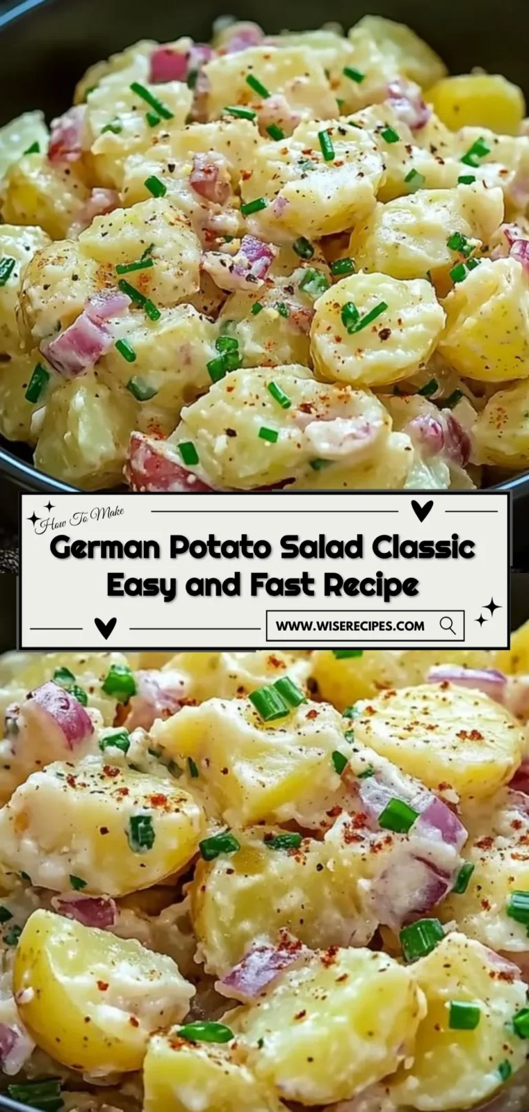 Classic German potato salad recipe with dressing, potatoes, and herbs
