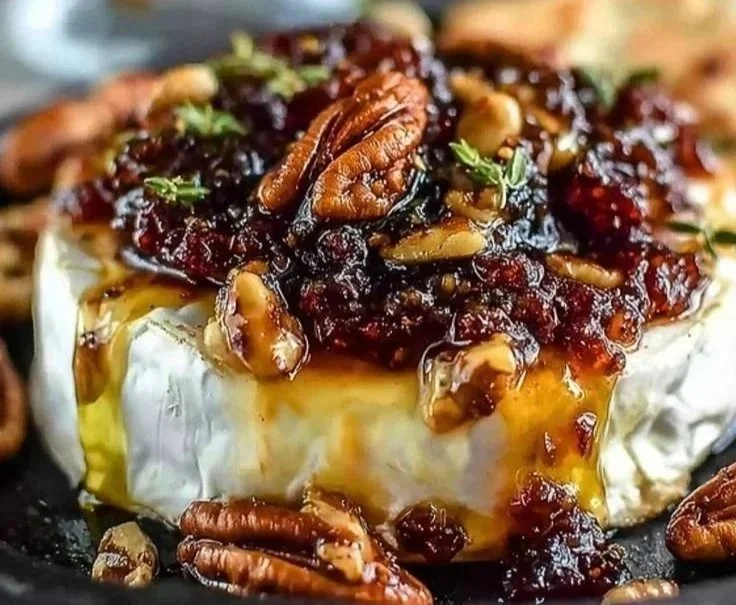 Gooey baked brie cheese topped with fig jam on a serving platter