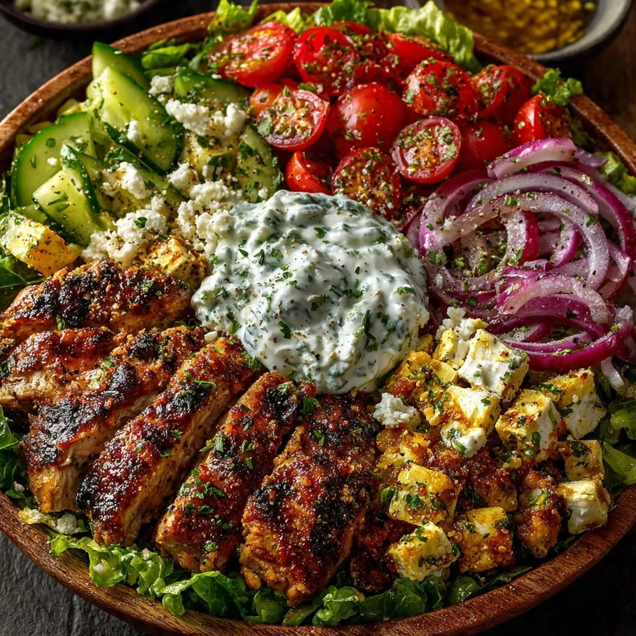 Delicious Greek Chicken Bowls with fresh vegetables and toppings