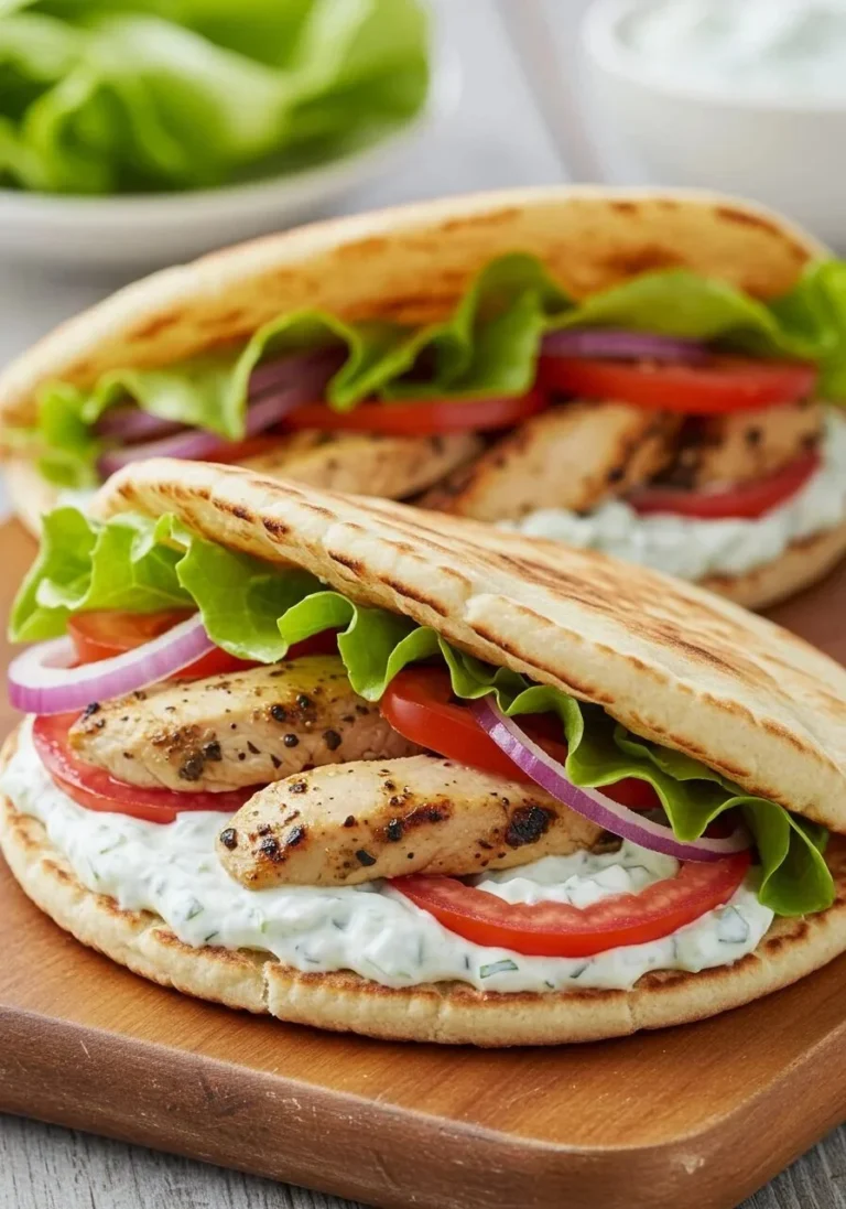 Greek grilled chicken pita filled with fresh vegetables and tzatziki sauce