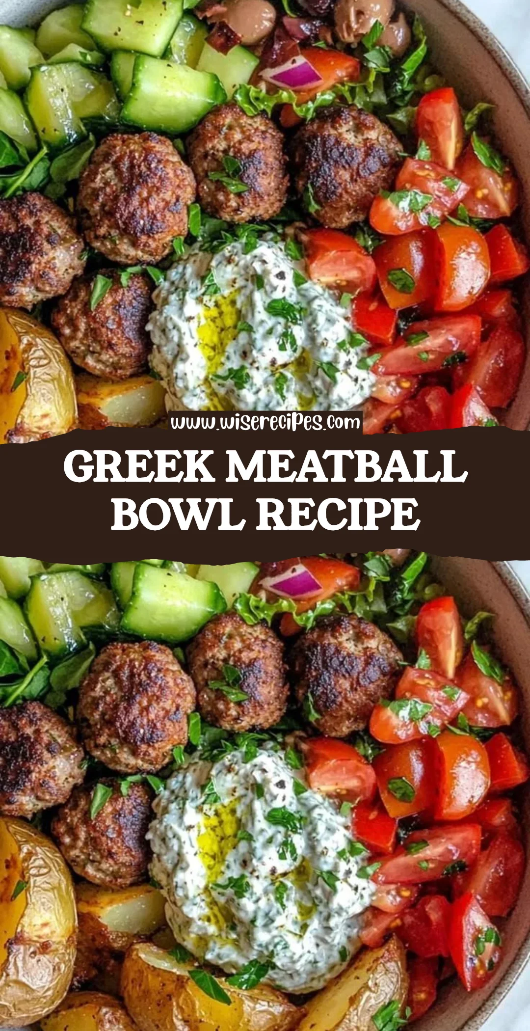 Greek meatball bowl with fresh vegetables and tzatziki sauce