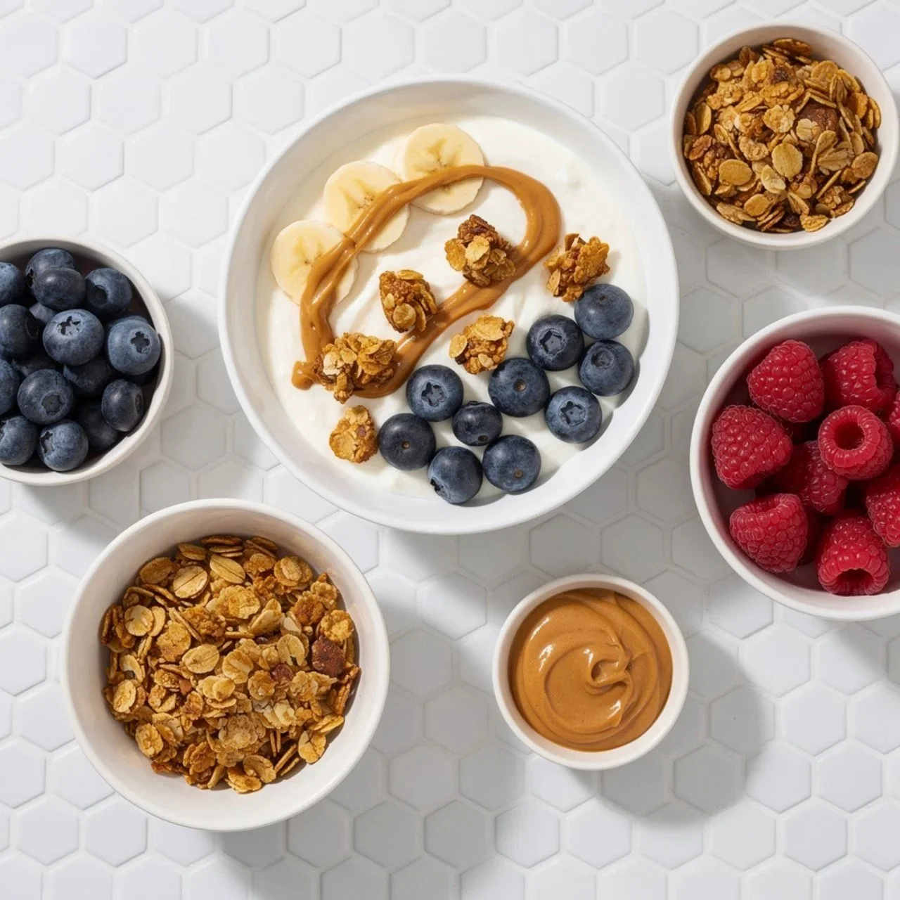 Delicious Greek yogurt bowls topped with fruits and nuts for a busy mom's breakfast.