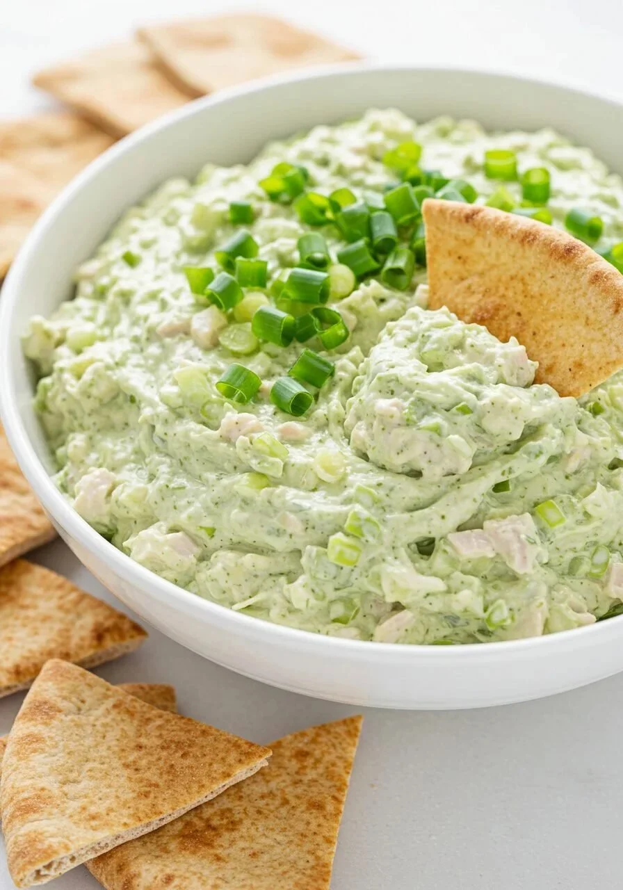 Green Goddess Chicken Salad Dip served in a bowl with fresh herbs and crackers