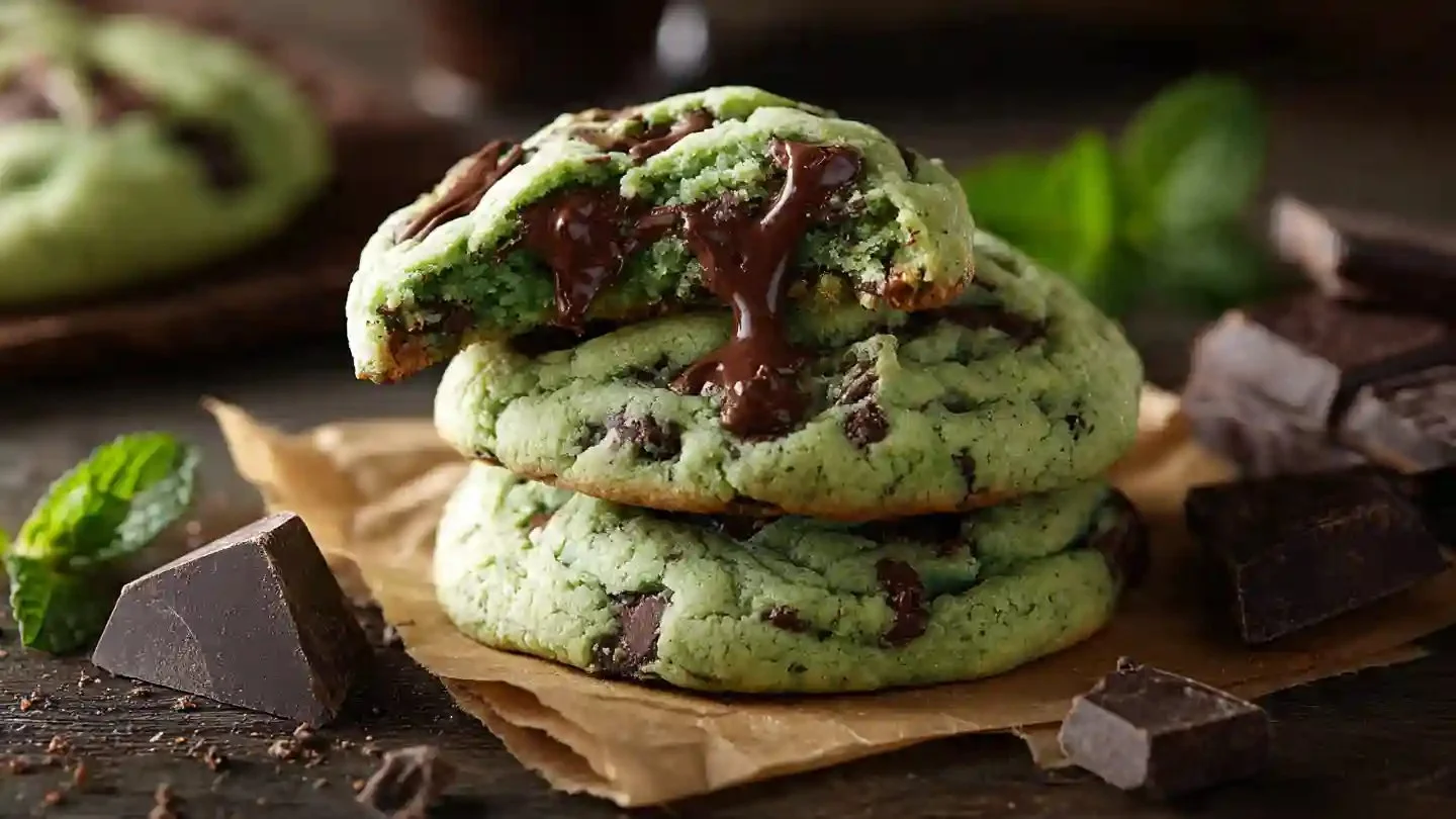 Freshly baked green mint chocolate chip cookies on a plate