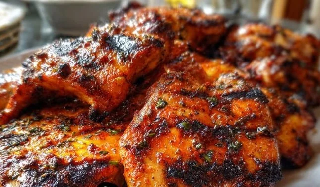 Delicious grilled BBQ chicken with sauce on a barbecue grill
