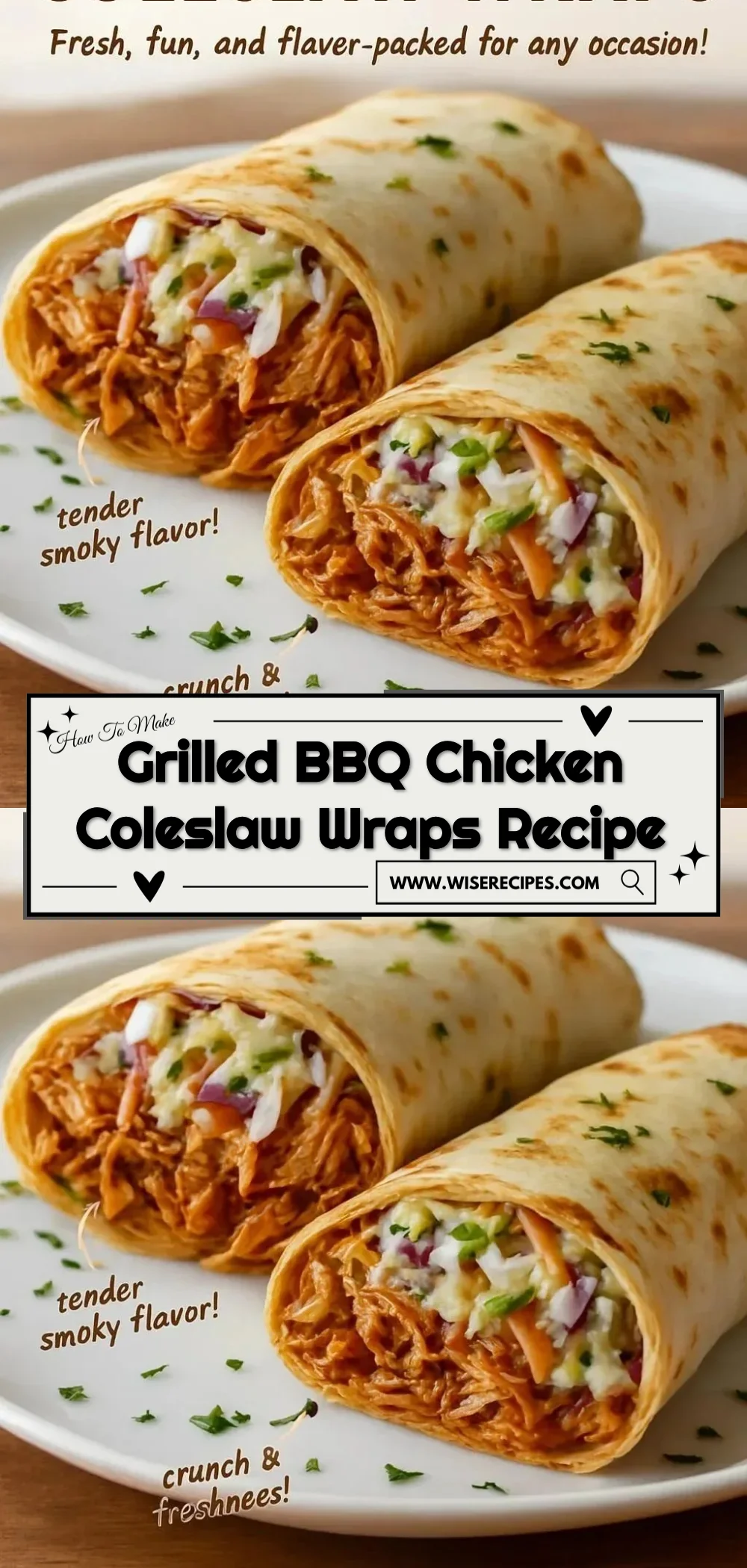 Grilled BBQ chicken coleslaw wraps on a wooden serving platter