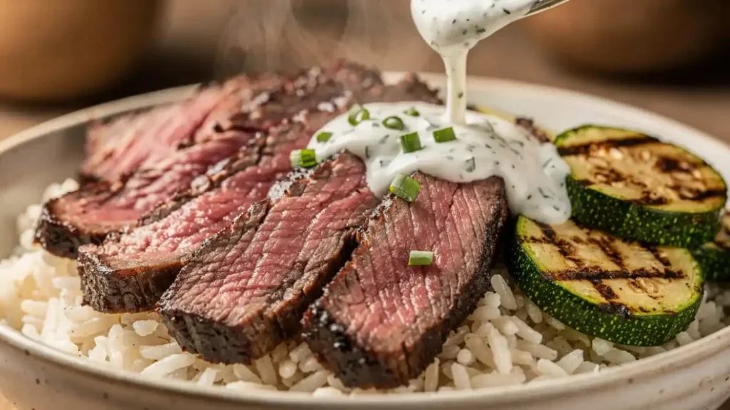 Grilled steak bowl topped with charred zucchini and fresh vegetables