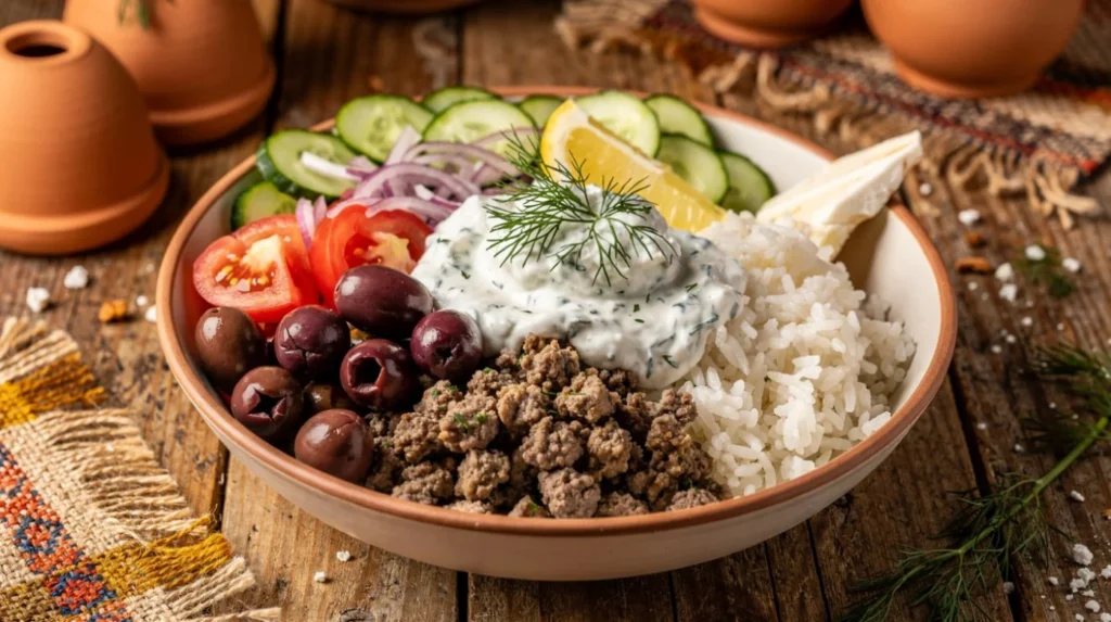 Delicious Ground Beef Bowl with toppings and vegetables
