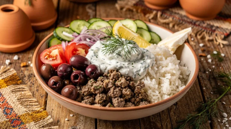 Delicious Ground Beef Bowl with toppings and vegetables