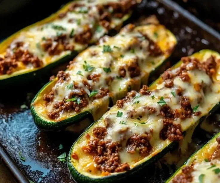 Ground beef stuffed zucchini boats topped with cheese and herbs