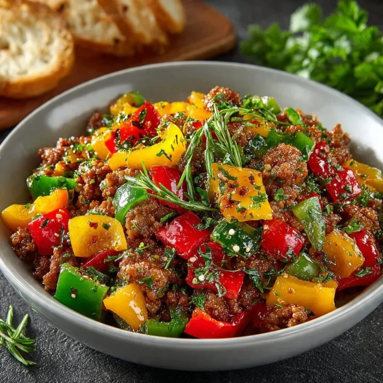 Healthy dish of ground turkey and colorful bell peppers sautéed in a skillet