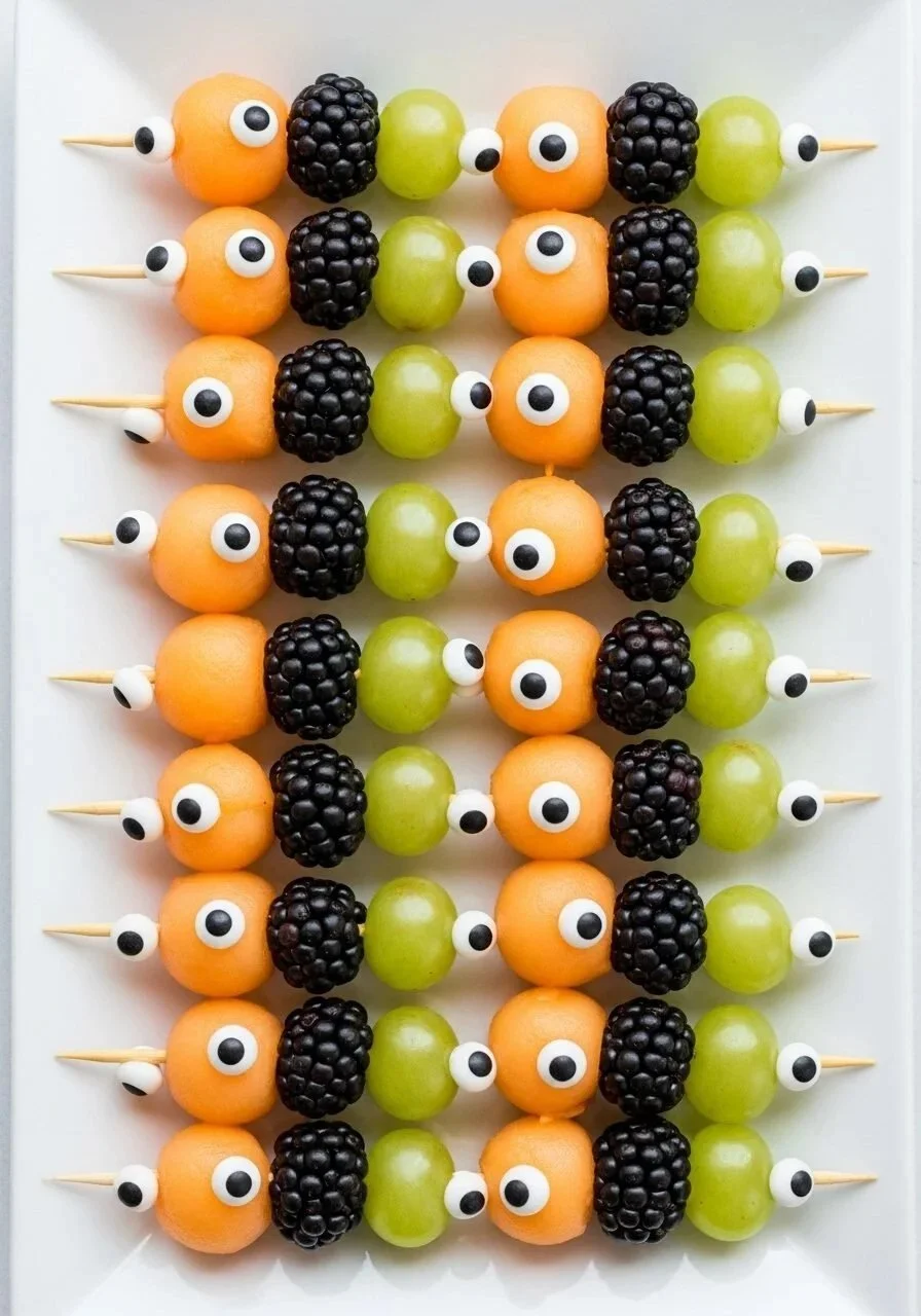 Spooky Halloween fruit kabobs decorated with ghostly faces and spider designs.