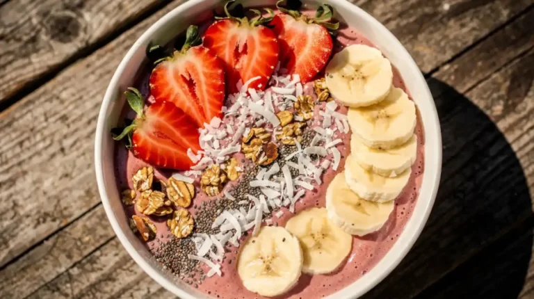 Healthy berry banana smoothie bowl topped with fresh berries and nuts