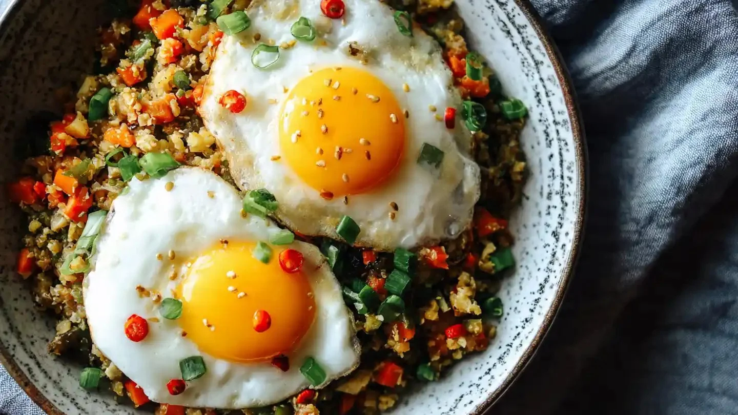 Healthy cauliflower fried rice breakfast served in a bowl with eggs and vegetables