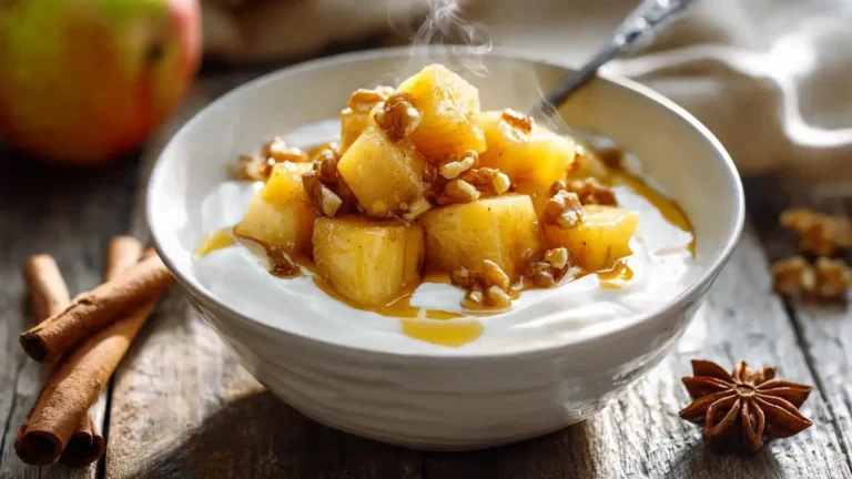 Healthy cinnamon apple yogurt bowls topped with fresh apples and cinnamon