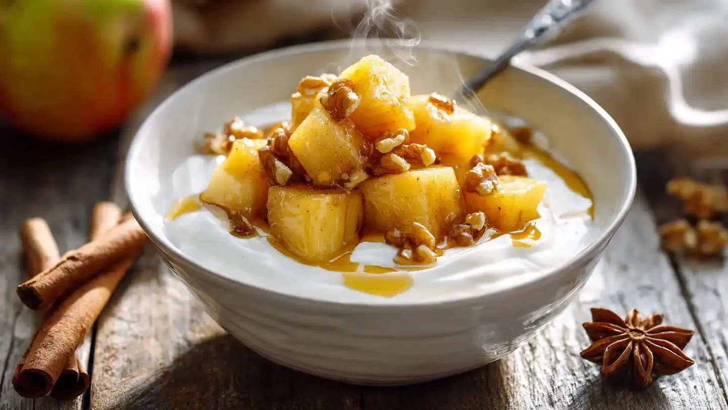 Healthy cinnamon apple yogurt bowls topped with fresh apples and cinnamon