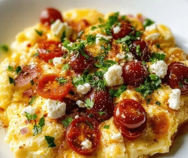 Plate of healthy Mediterranean scrambled eggs with colorful vegetables.