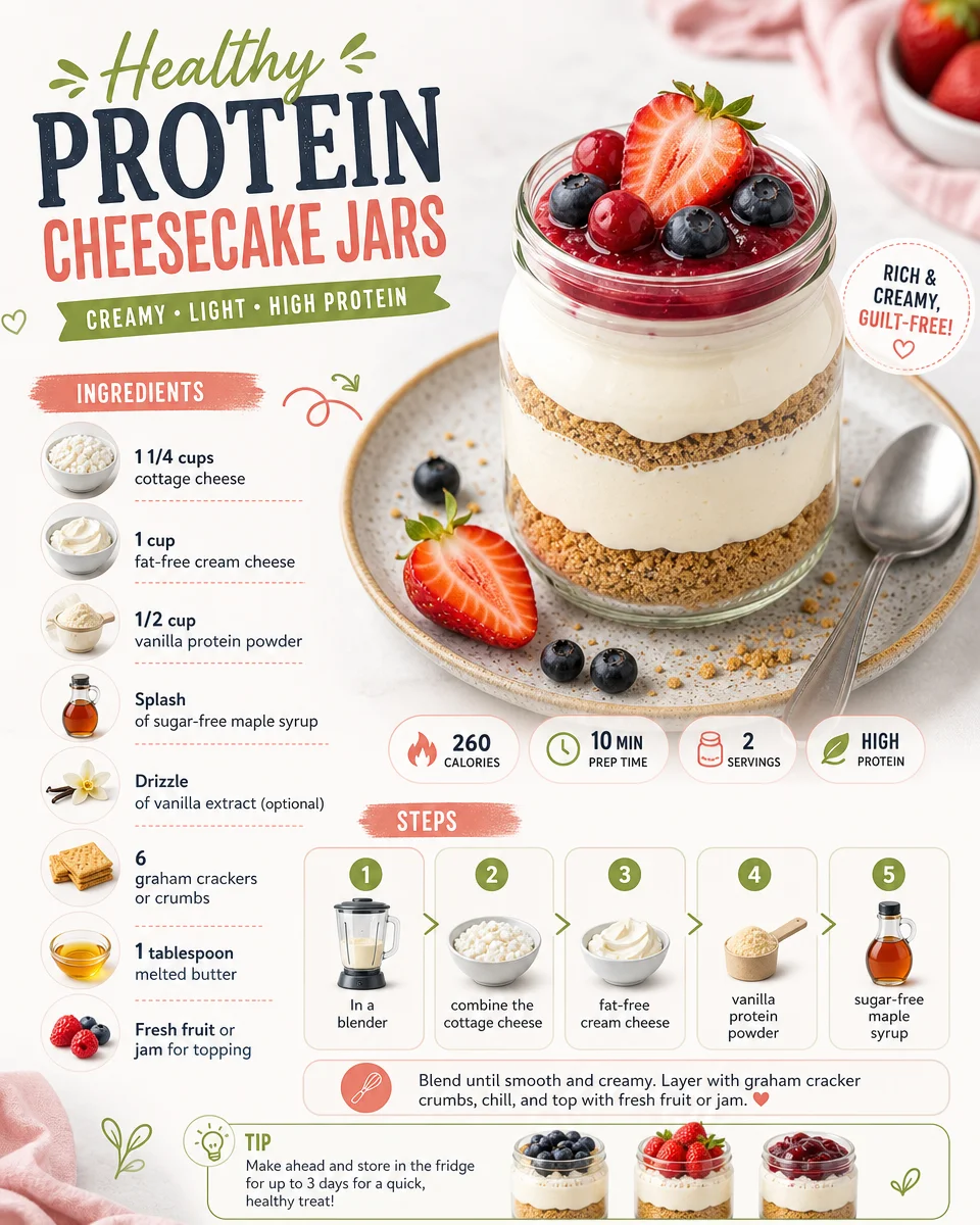 Healthy protein cheesecake jars topped with fruits and nuts