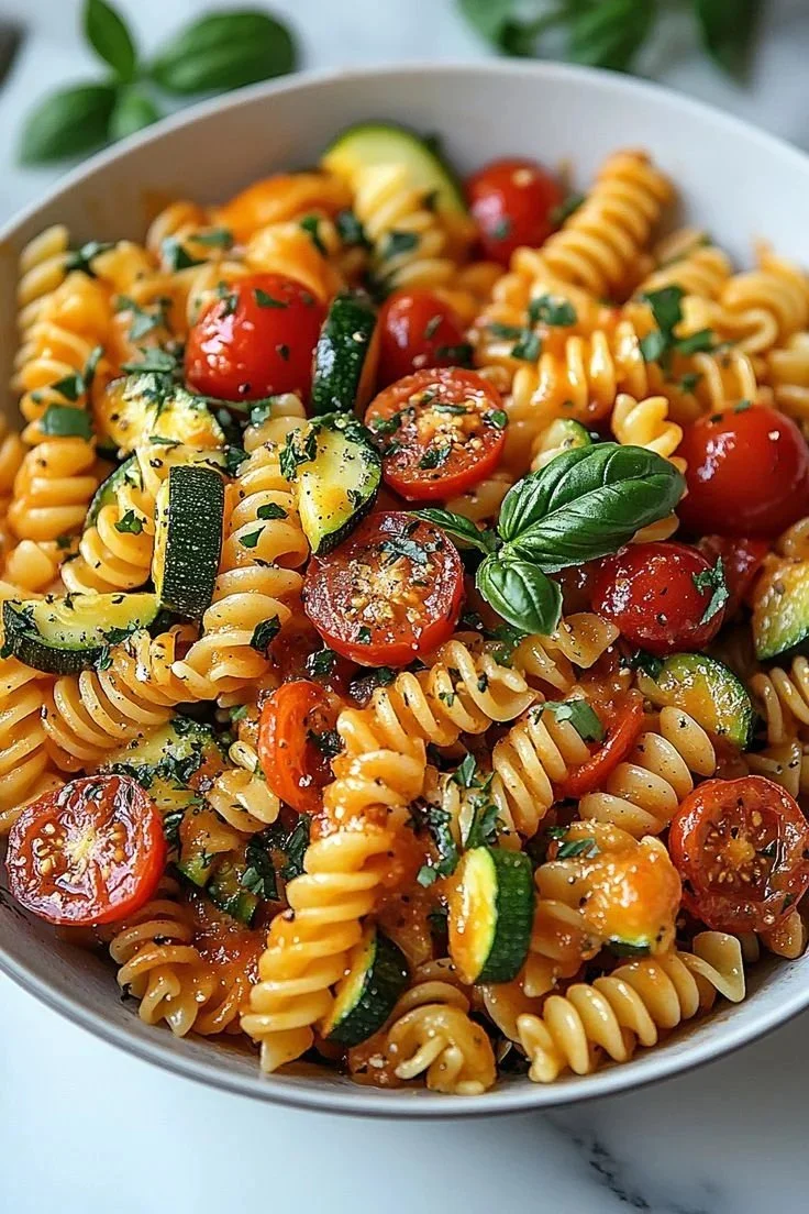 A vibrant bowl of healthy tomato zucchini pasta garnished with fresh herbs.