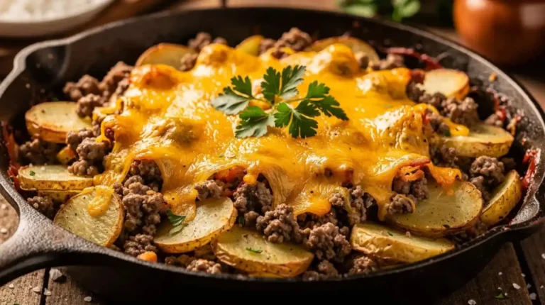 Delicious Hearty Hobo Casserole topped with cheese and served in a baking dish.