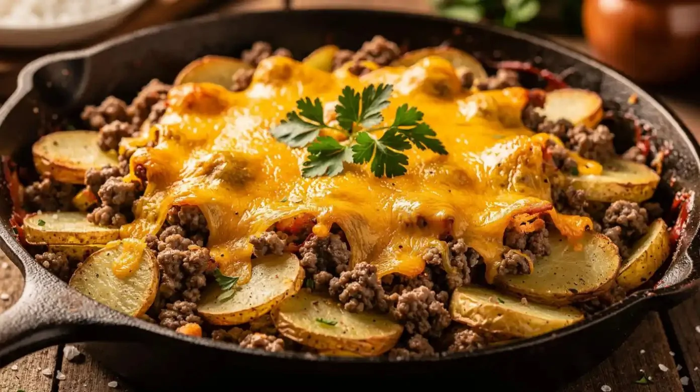 Delicious Hearty Hobo Casserole topped with cheese and served in a baking dish.