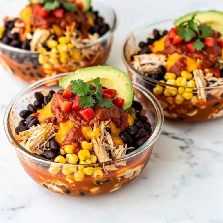 High-protein chicken cottage cheese enchilada bowl garnished with fresh ingredients