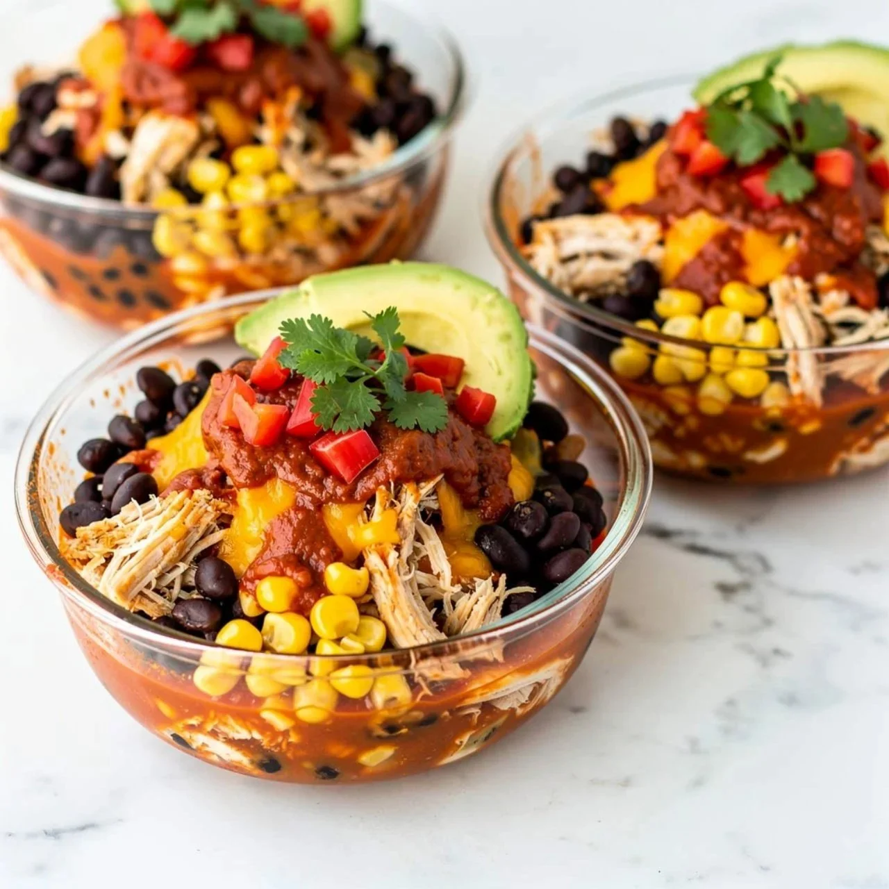 High-protein chicken cottage cheese enchilada bowl garnished with fresh ingredients
