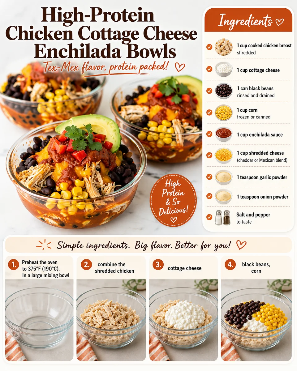 High-protein chicken cottage cheese enchilada bowls topped with fresh ingredients