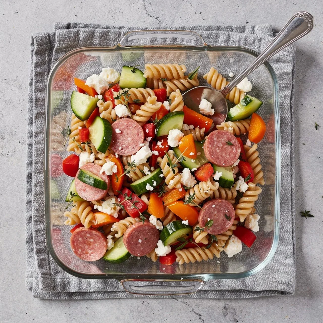 High-Protein Italian Pasta Salad packed with vegetables and protein-rich ingredients.