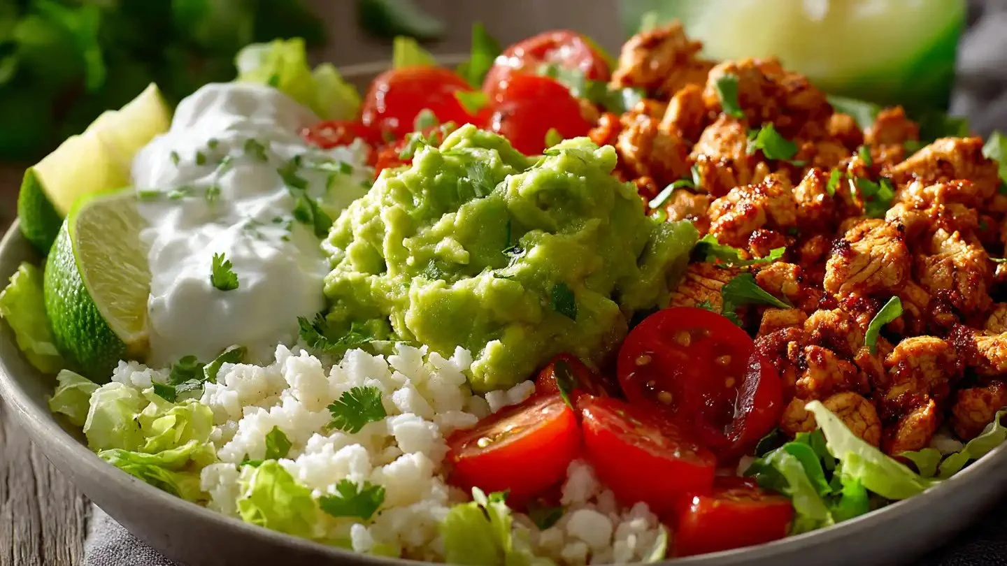 High-Protein Low-Carb Burrito Bowl filled with fresh ingredients and flavors