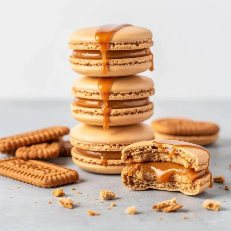 Delicious homemade Biscoff macarons displayed on a colorful plate.