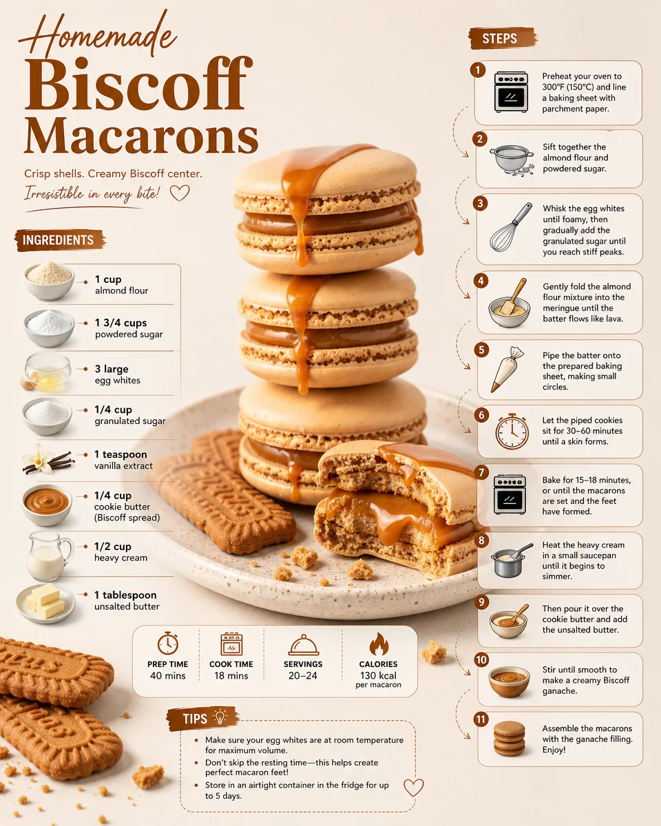 Delicious homemade Biscoff Macarons with a creamy filling and caramel flavor