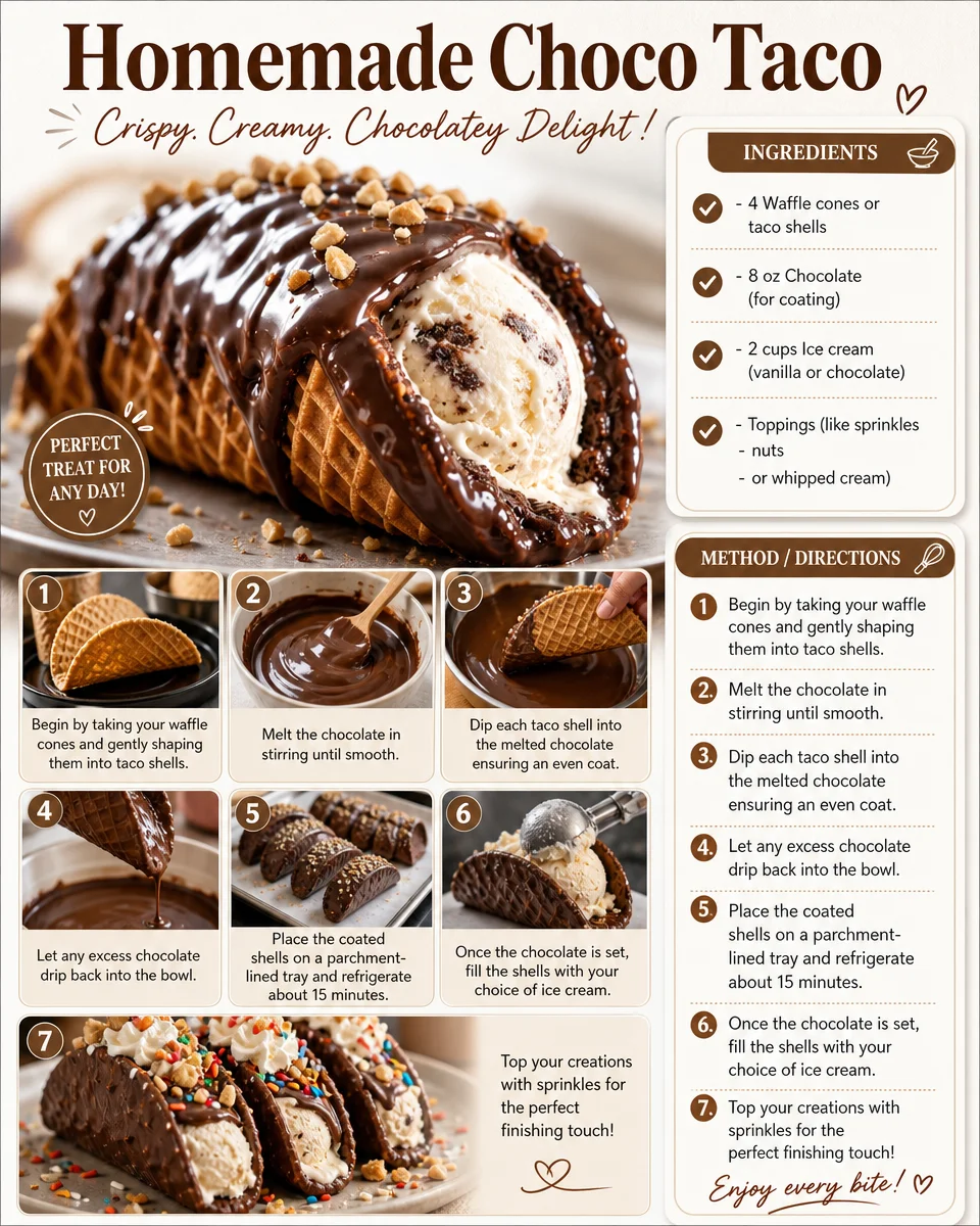 Delicious homemade Choco Taco dessert assembled with ice cream and waffle cones.
