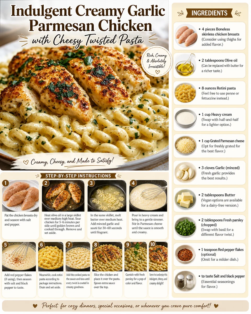 Creamy garlic parmesan chicken served with cheesy twisted pasta