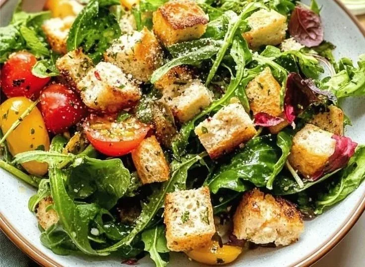 A colorful bowl of Irresistible Spring Panzanella salad with fresh vegetables and bread