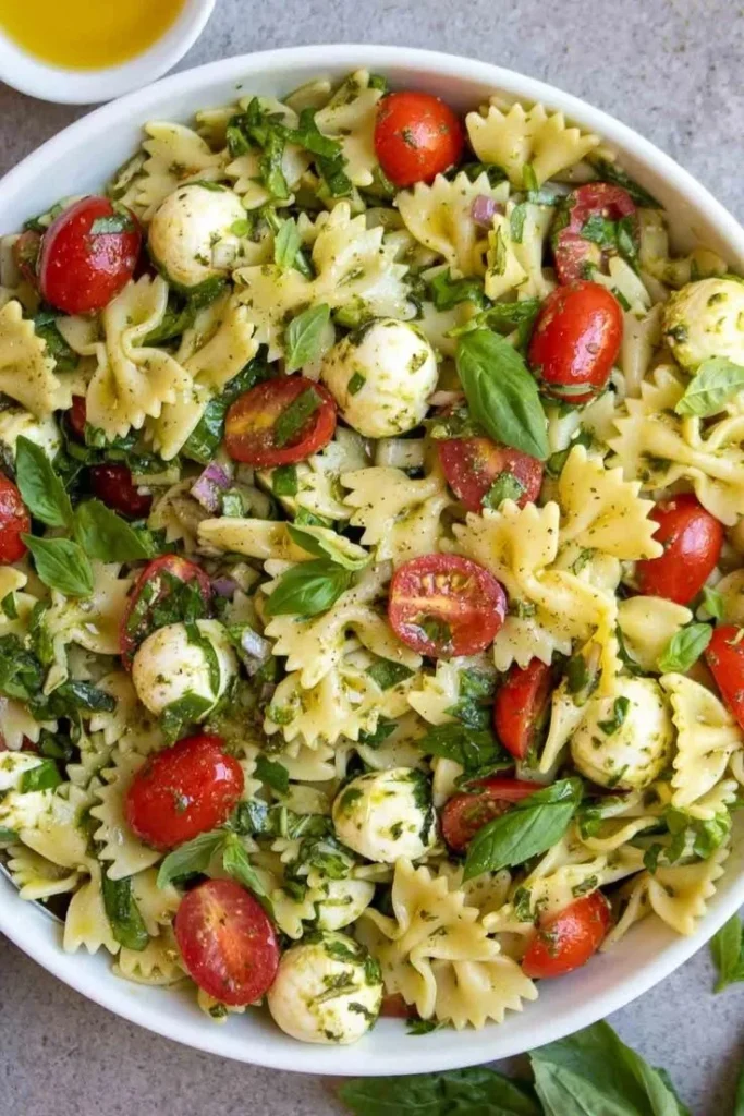 Italian Bow Tie Pasta Salad with fresh vegetables and dressing