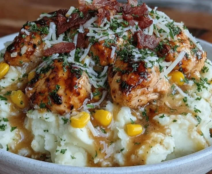Juicy grilled chicken bowls served with creamy mashed potatoes