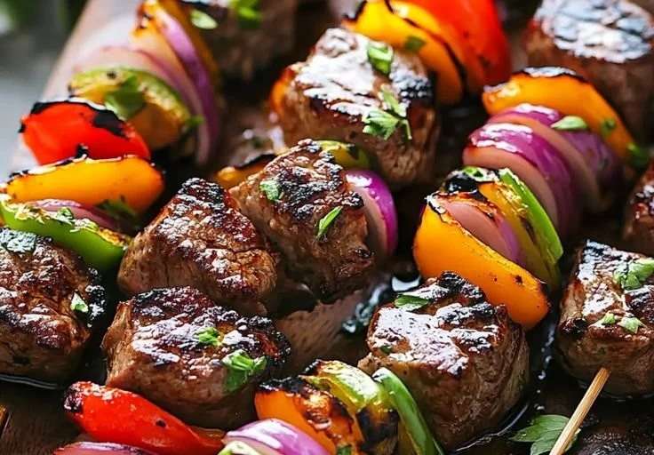 Juicy steak kebabs marinated and grilled for summer BBQ