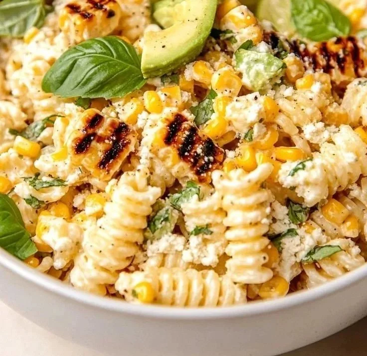 Juicy street corn pasta salad with fresh ingredients and vibrant colors