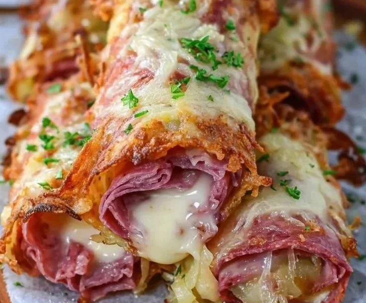 Keto Crispy Reuben Roll-Ups served on a plate with pickles
