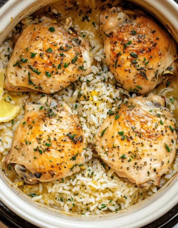 Lemon Herb Slow Cooker Chicken served with fluffy rice on a wooden table.