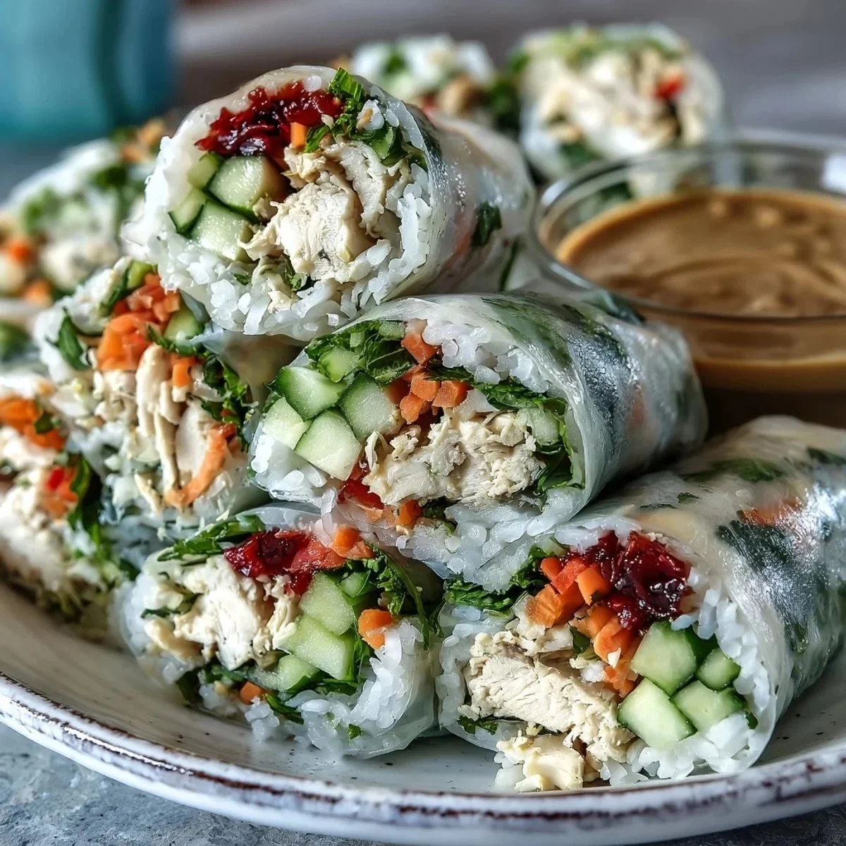 Light chicken veggie spring rolls filled with fresh vegetables and tender chicken.
