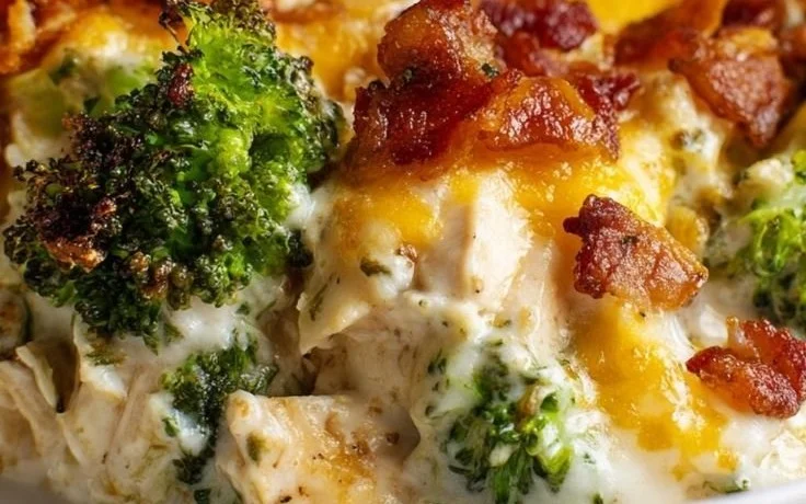 Low-carb creamy chicken casserole with broccoli and bacon in a baking dish