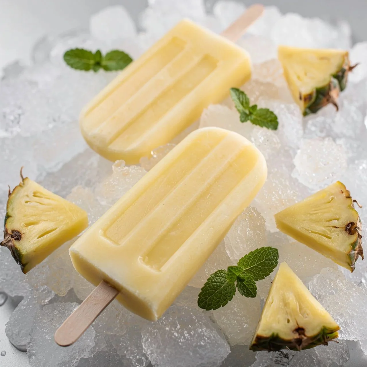 Mango Coconut Cream Popsicles garnished with coconut flakes and slices of mango