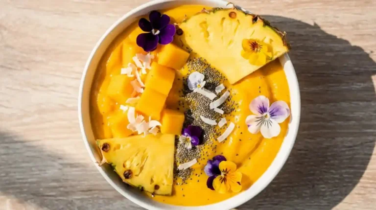 Mango Pineapple Smoothie Bowl topped with fresh fruits and seeds