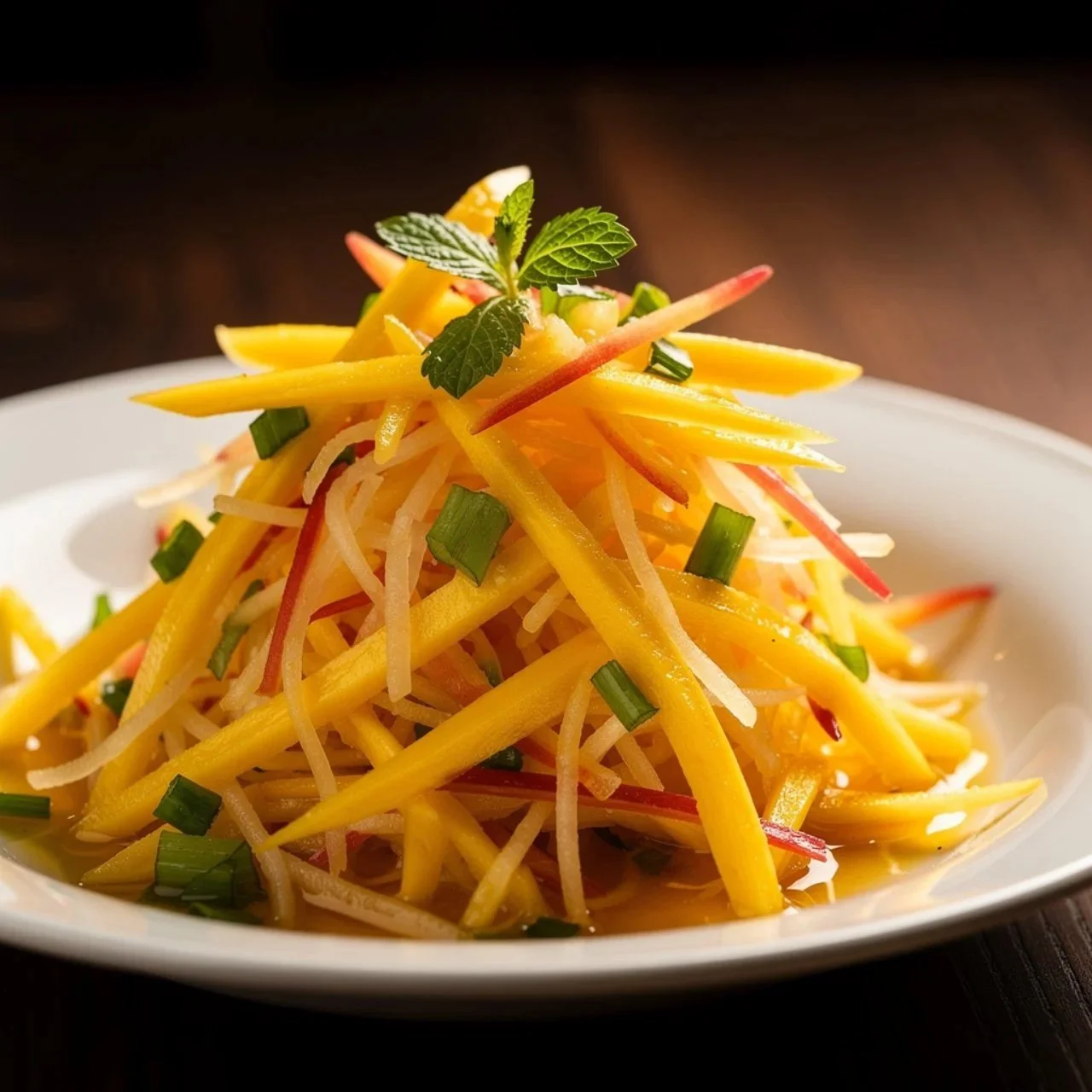 Bowl of colorful mango slaw with fresh vegetables