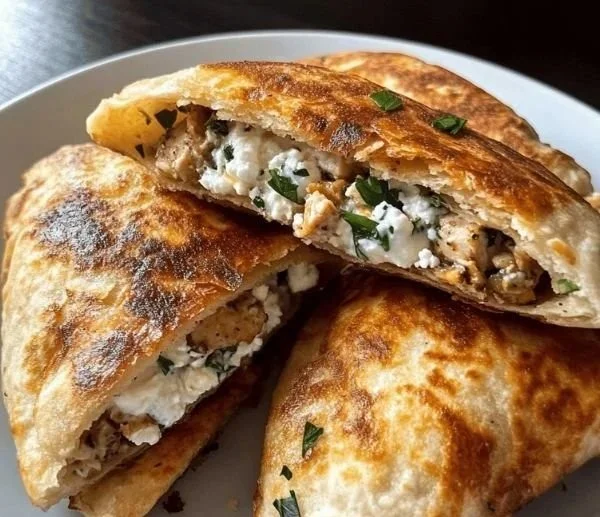Mediterranean chicken pita wraps filled with vegetables and spices.