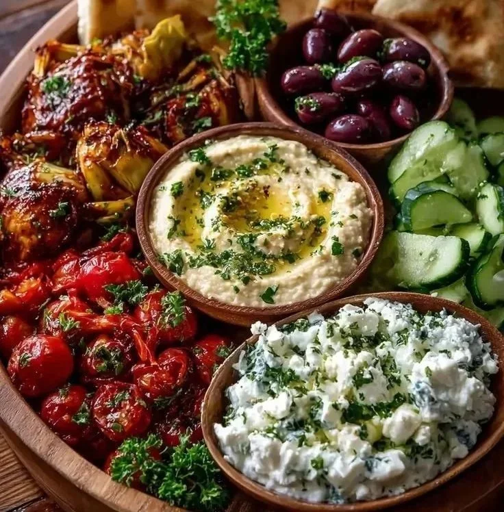 Mediterranean mezze tapas platter with assorted dips, bread, and vegetables.