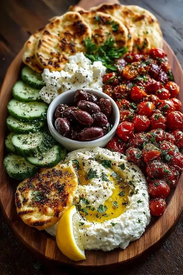 Mediterranean ricotta board with fresh fruits, nuts, and herbs