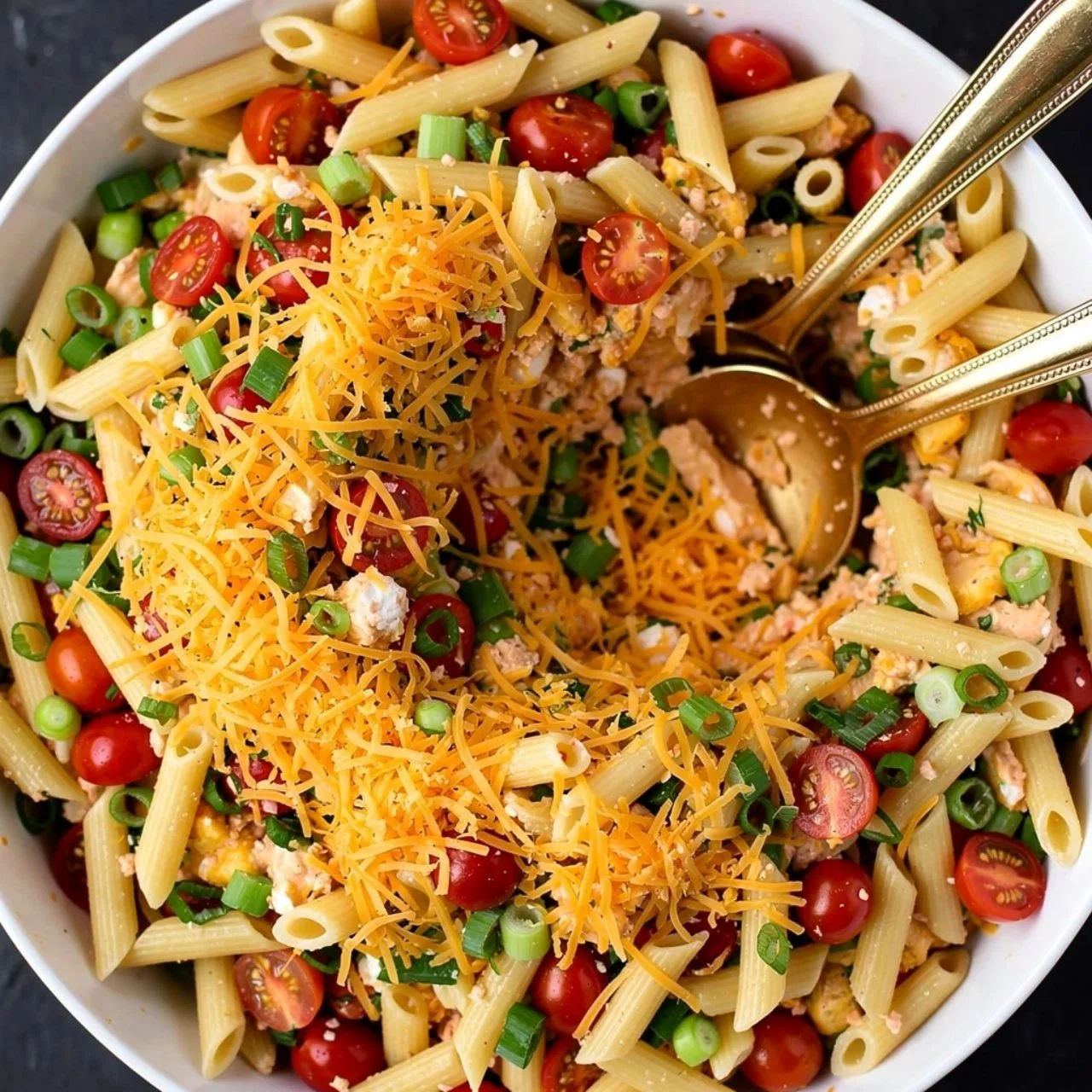 A delicious bowl of Million Dollar Pasta Salad garnished with fresh herbs.